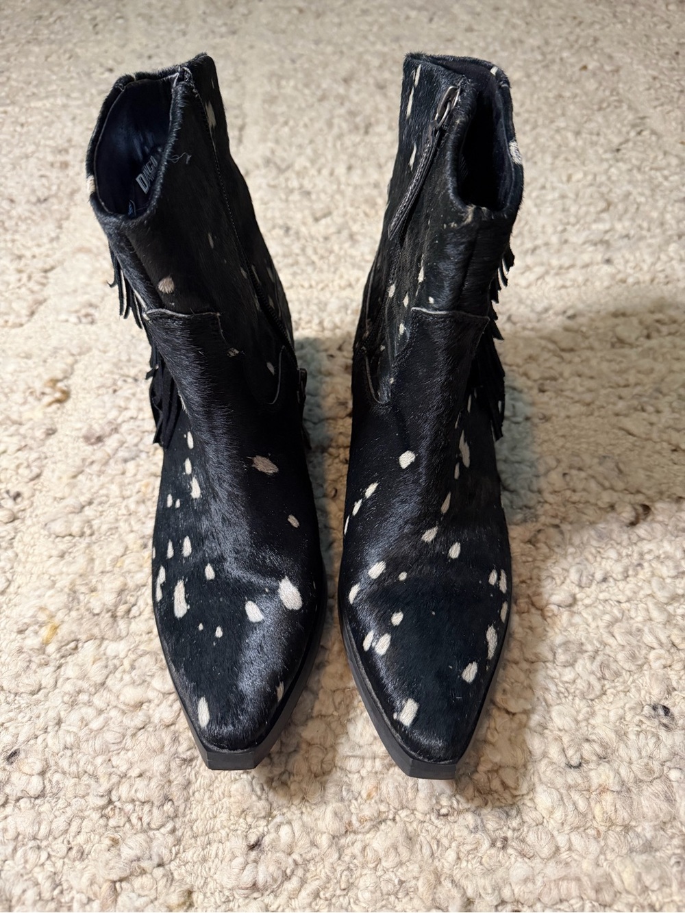 dingo Black with White Spot Calf Hair Western Ankle Boots